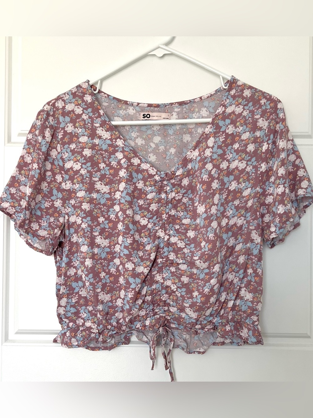 Kohl’s Sonoma Good For Life Ruched V-Neck Cropped Pink Floral Top Size Large